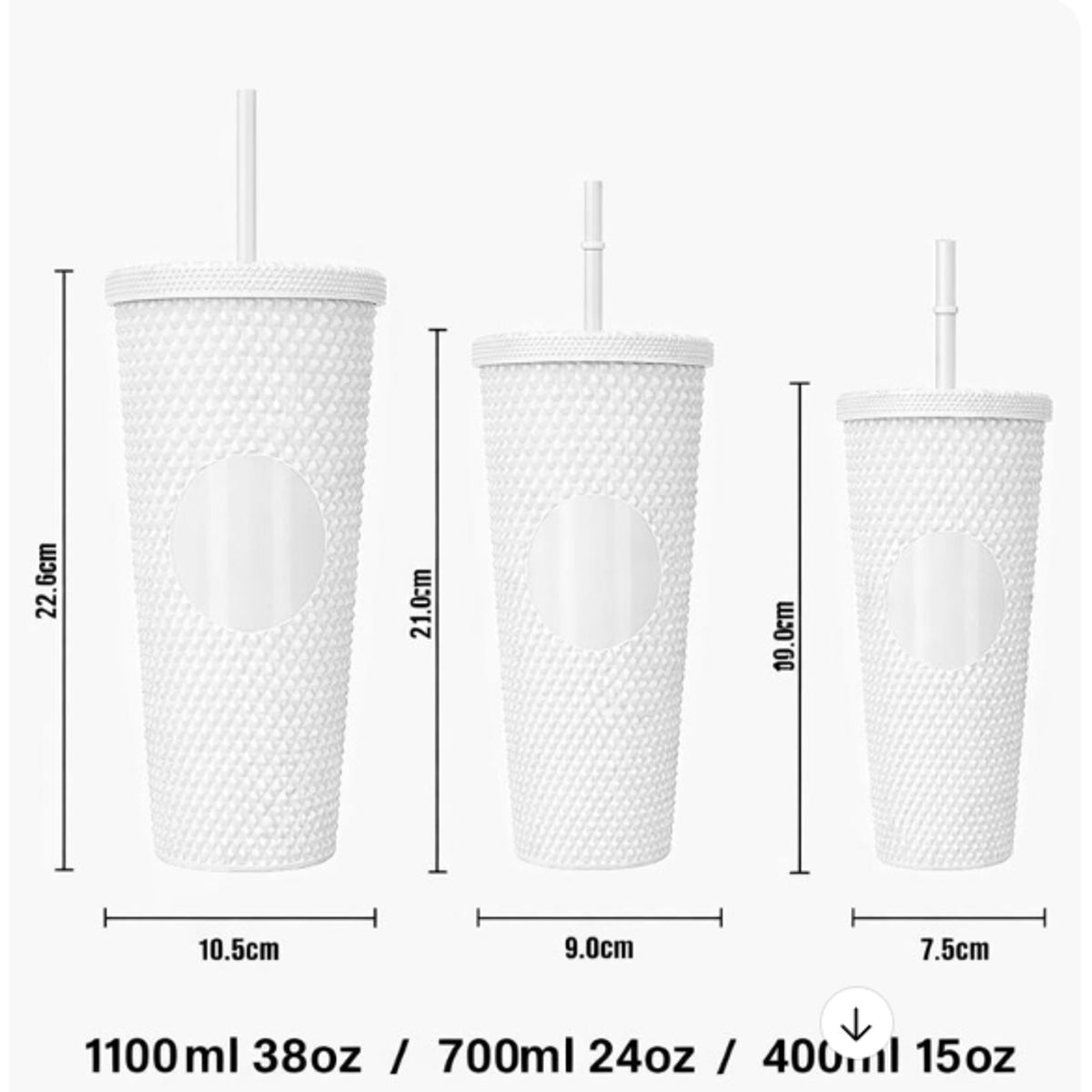 GENERICO - Pack 3 Vasos Tapa Bombilla Textura Diamante Reutilizables Color Blanco