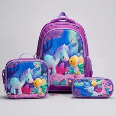 UTILISIMO - Mochila Escolar Con Ruedas + Estuche + Lonchera Desmontable Poliéster Morado Unicornio Niña
