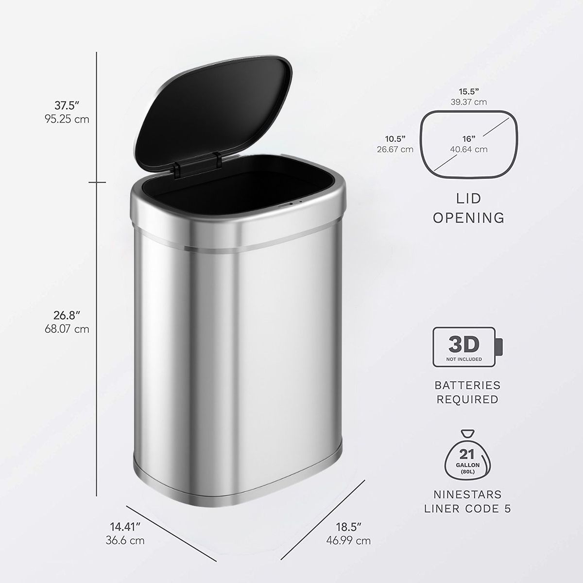 NINESTARS - Basurero Automatico Papelera Inteligente Sensor 80 L Cocina