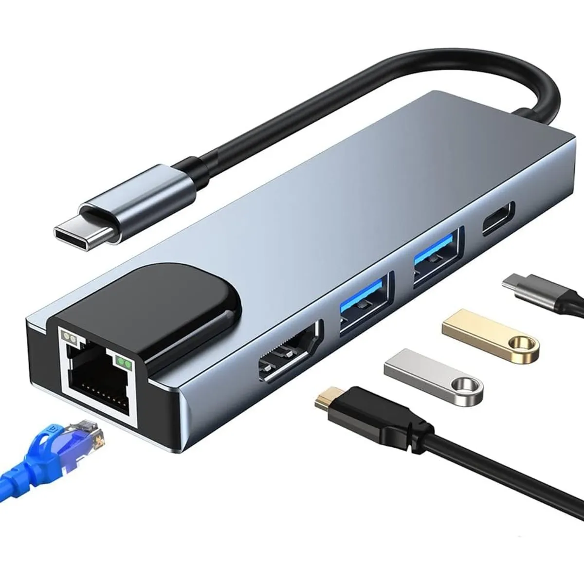 GENERICO - Hub Dock Adaptador USB-C Hdmi Lan 5 en 1 Compatible Con Mac y PC