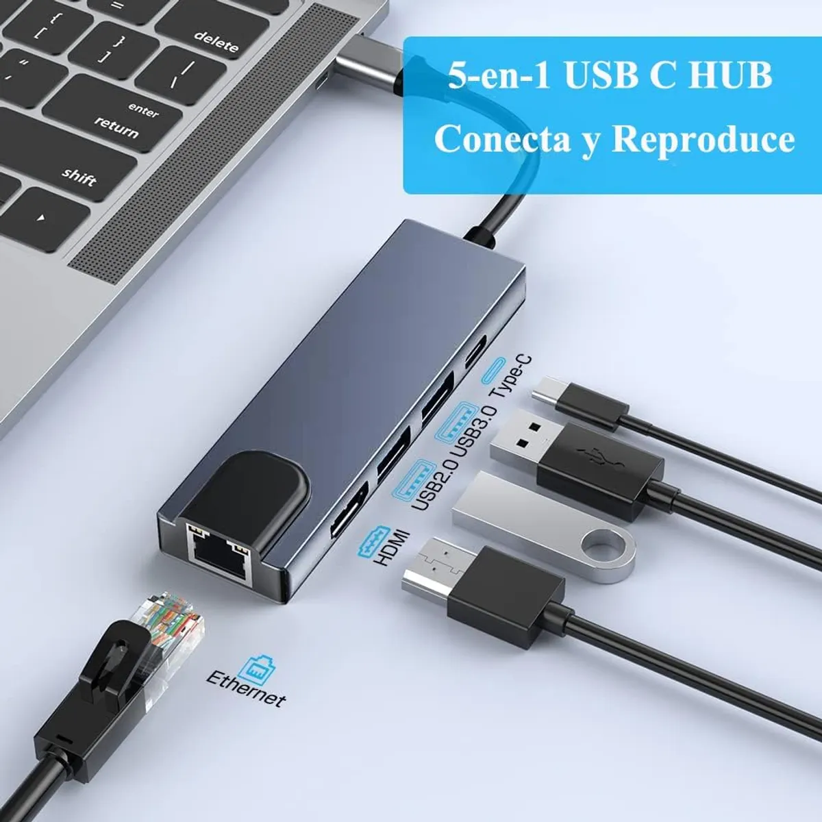 GENERICO - Hub Dock Adaptador USB-C Hdmi Lan 5 en 1 Compatible Con Mac y PC