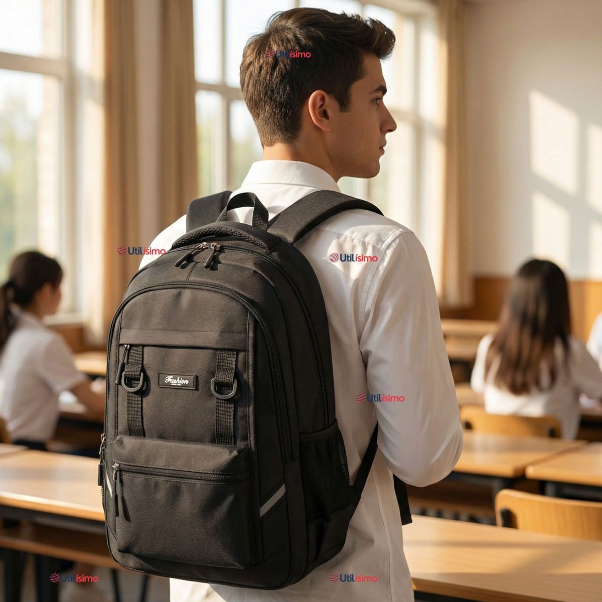 UTILISIMO - Mochila Escolar Universitaria Impermeable Resistente 44cm Negro 20L
