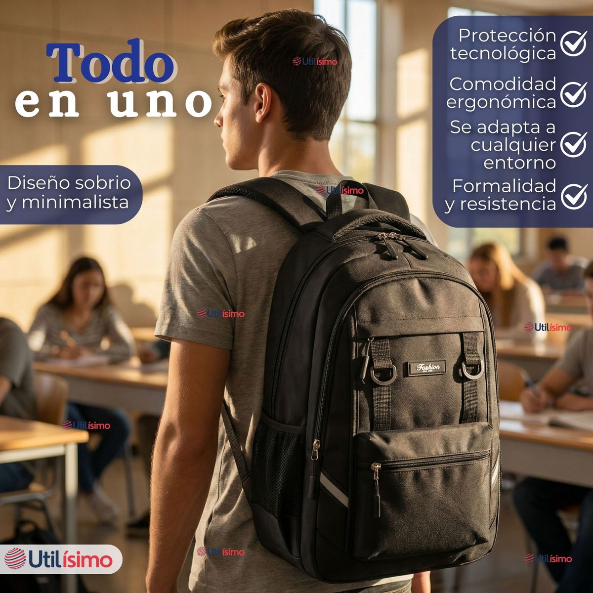 UTILISIMO - Mochila Escolar Universitaria Impermeable Resistente 44cm Negro 20L