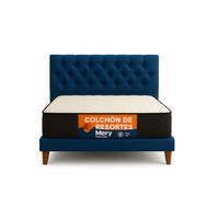 Cama Plaza y Media Azul Capitone en Lino + Colchon Mery Desing