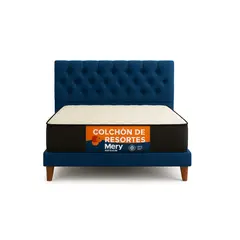 GENERICO - Cama Plaza y Media Azul Capitone en Lino + Colchon Mery Desing