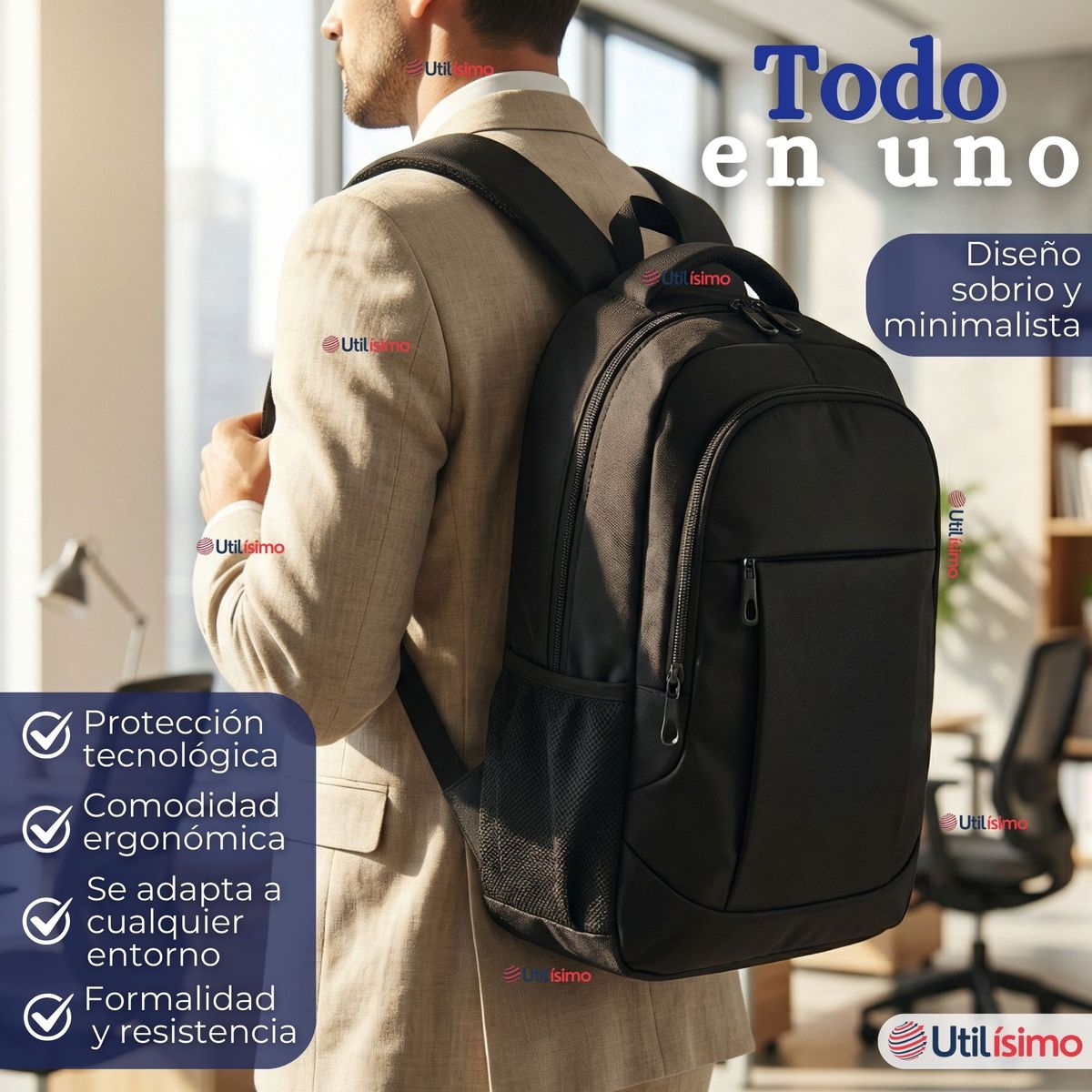 UTILISIMO - Mochila Escolar Universitaria Notebook Impermeable Resistente 49cm Negro 25L