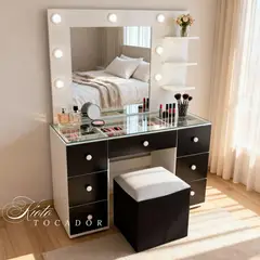 GENERICO - Tocador Hollywood Grande Kioto con Espejo, Luces y Puff – 7 Gavetas – Melamina Premium