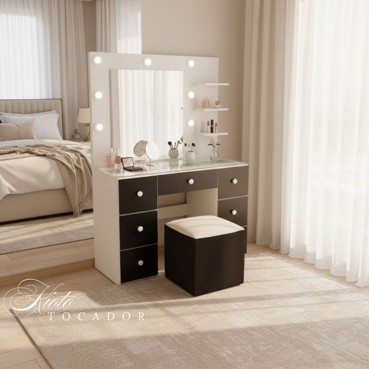GENERICO - Tocador Hollywood Grande Kioto con Espejo, Luces y Puff – 7 Gavetas – Melamina Premium