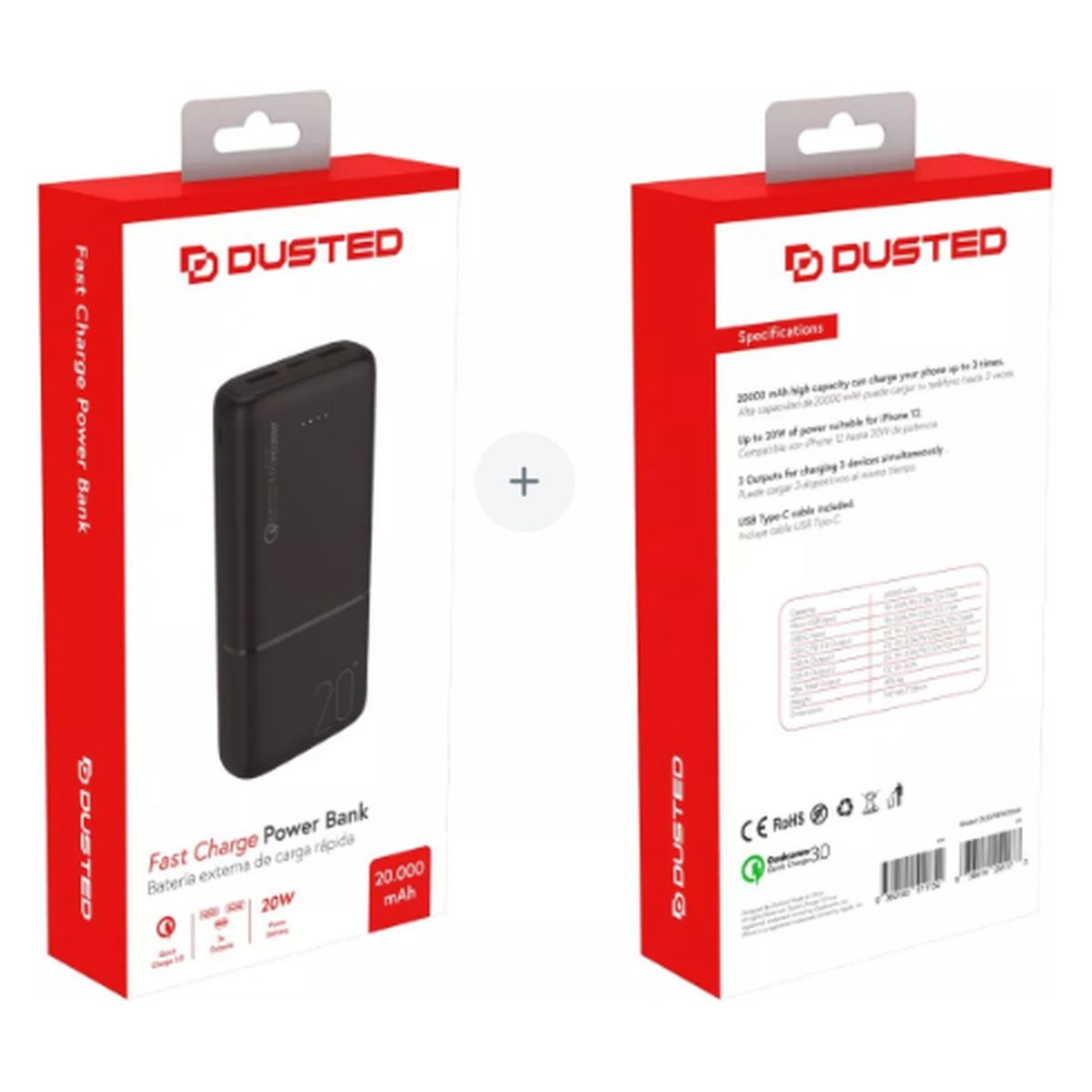 DUSTED - Bateria externa de Carga Rápida 20W 20.000 mAh