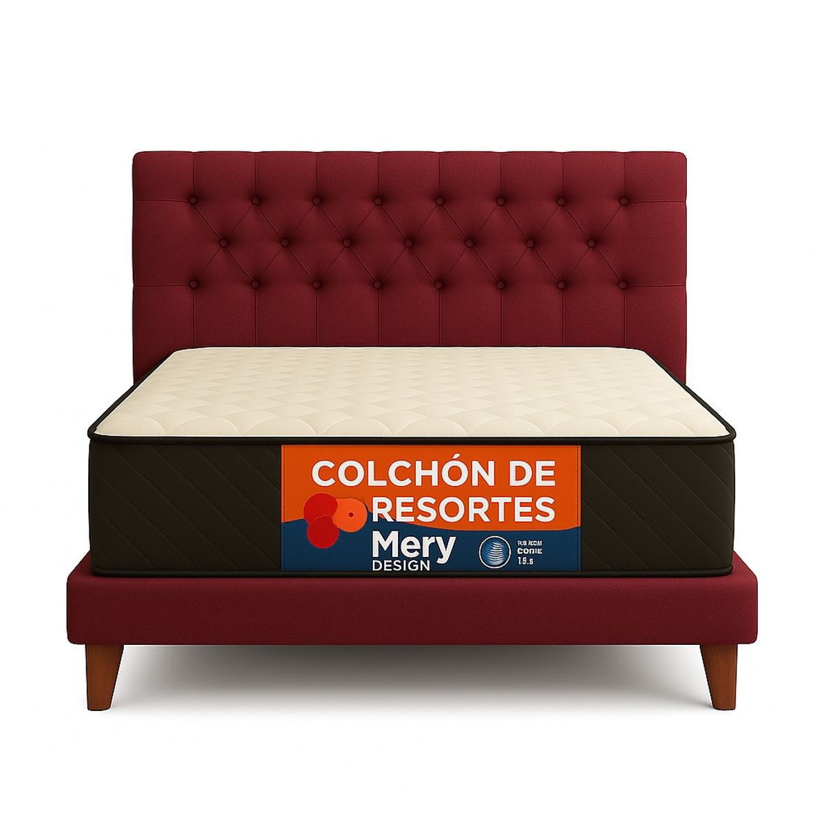 GENERICO - Cama Plaza y Media Burdeo En Lino Capitone + Colchon Mery Desing