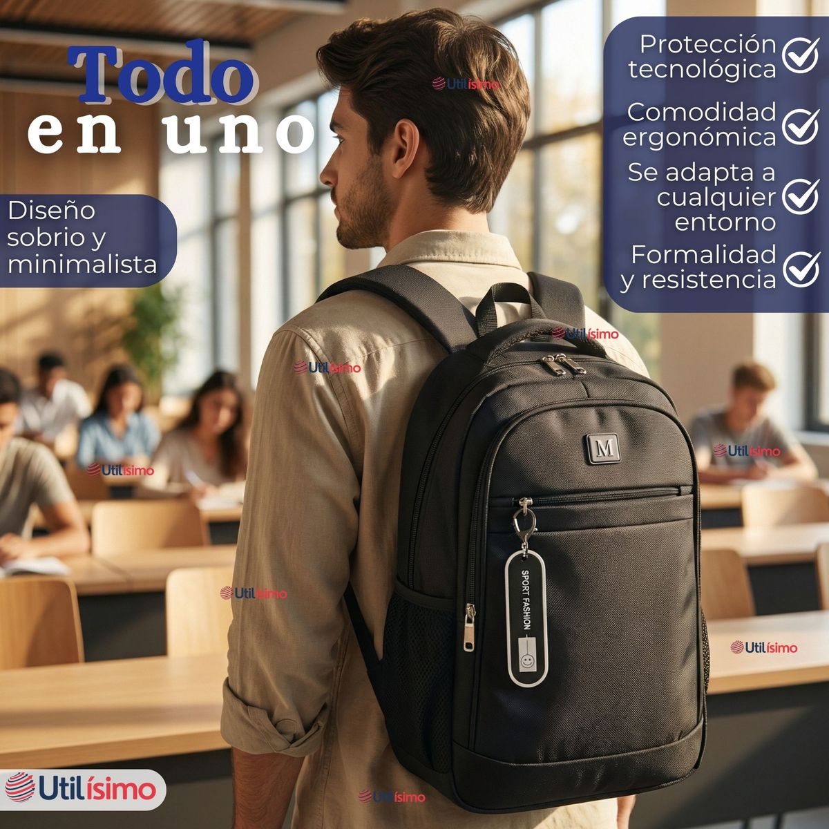 UTILISIMO - Mochila Escolar Universitaria Notebook Impermeable Resistente 46cm Negro 23L