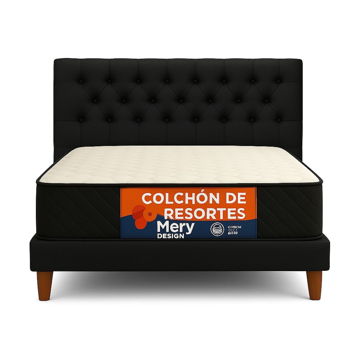 GENERICO - Cama Plaza y Media Negro En Lino Capitone + Colchon Mery Desing