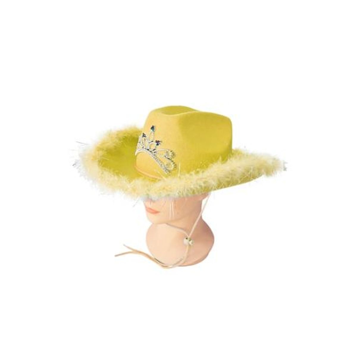 GENERICO - Sombrero vaquero con corona y pluma amarillo con cuerda