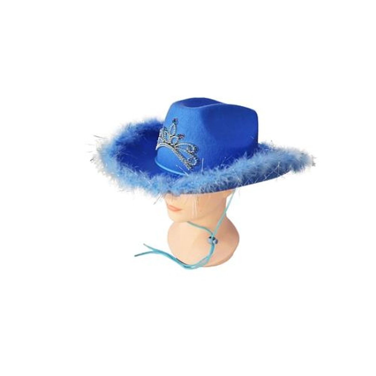 GENERICO - Sombrero vaquero con corona y pluma azul rey con cuerda