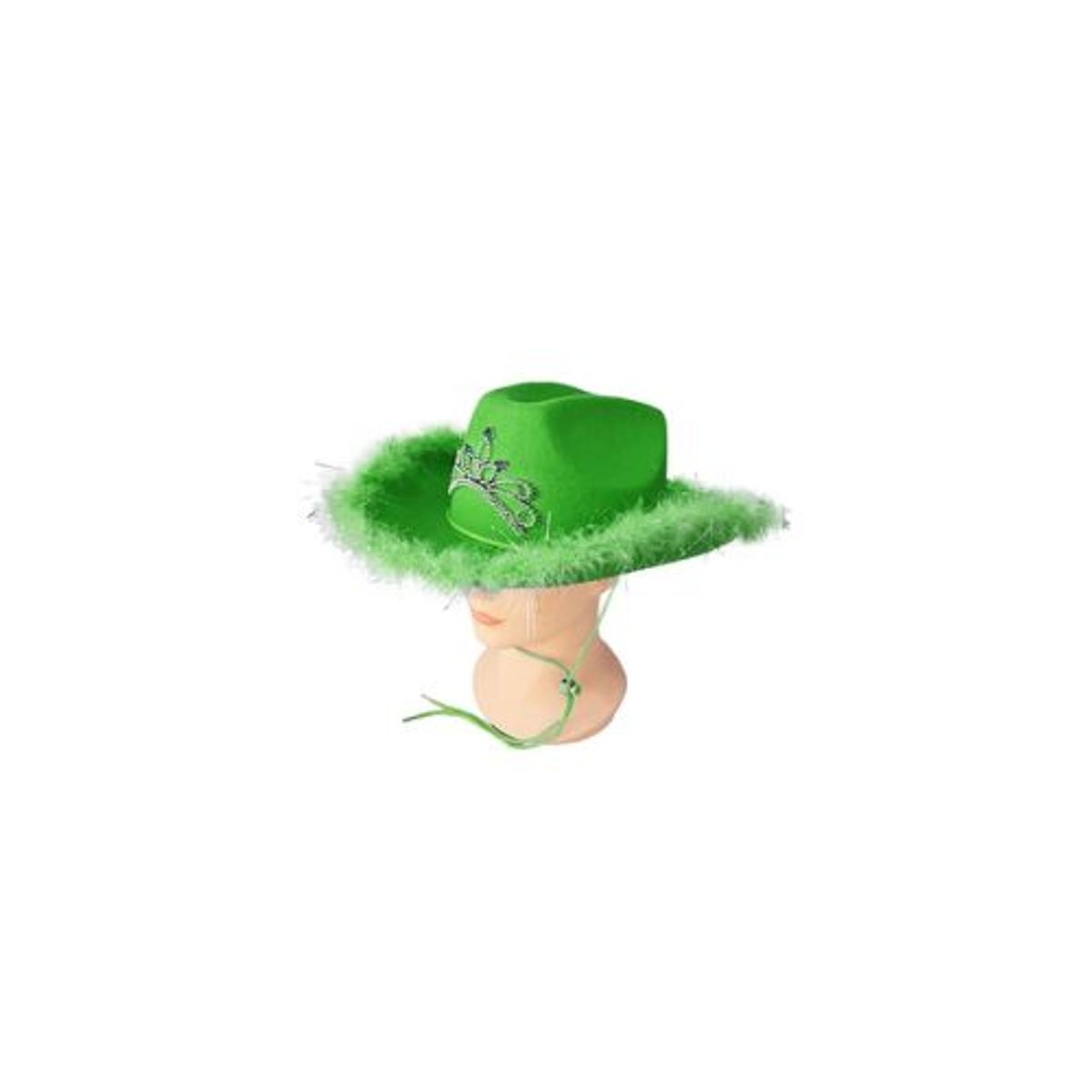 GENERICO - Sombrero vaquero con corona y pluma verde con cuerda