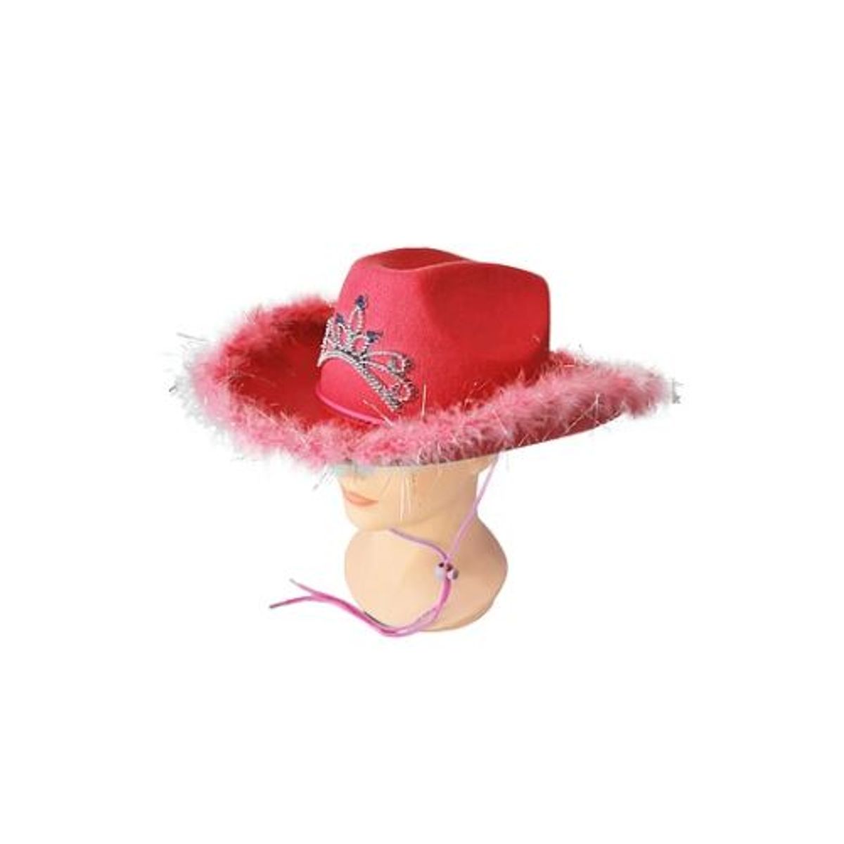 GENERICO - Sombrero vaquero con corona y pluma rojo con cuerda
