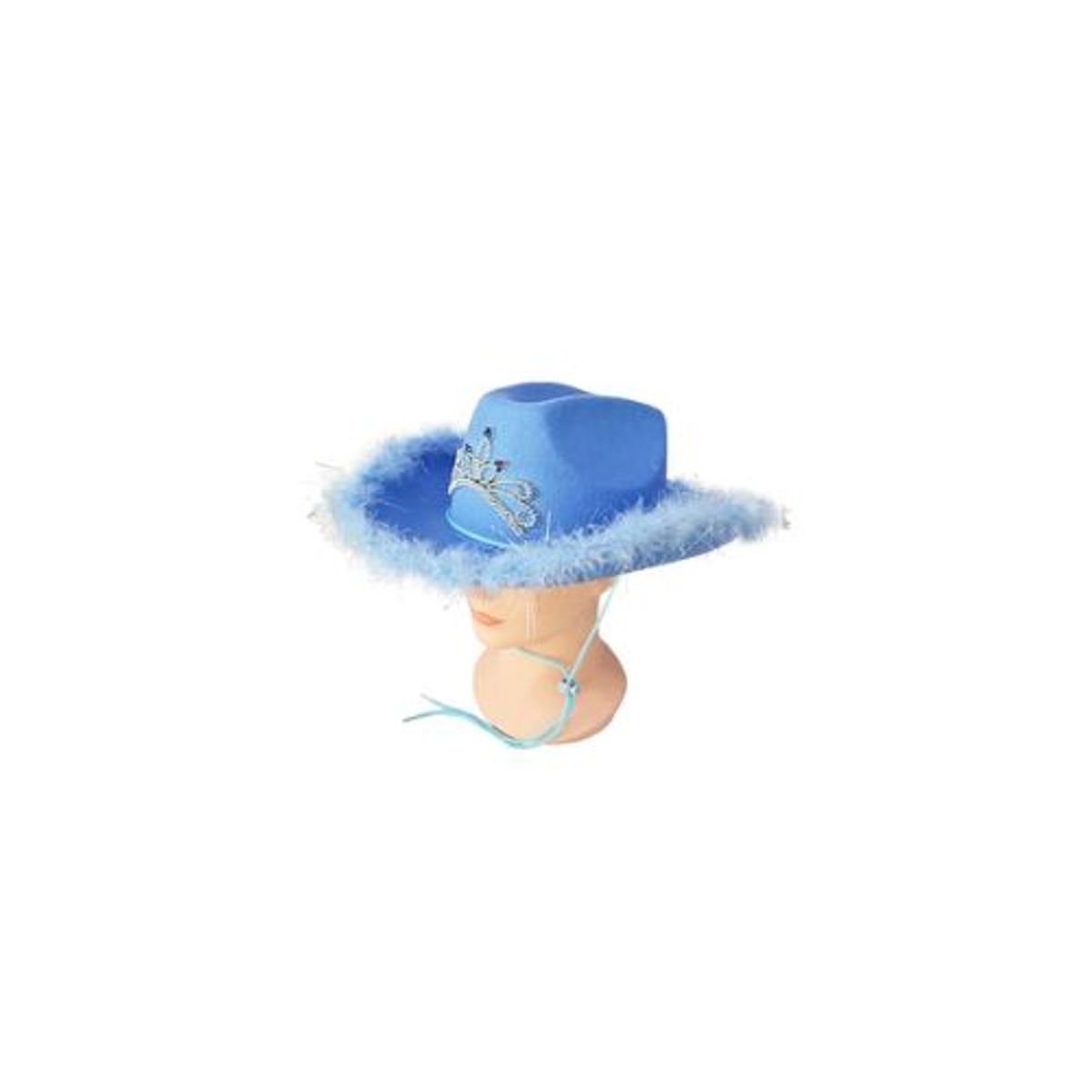 GENERICO - Sombrero vaquero con corona y pluma celeste con cuerda