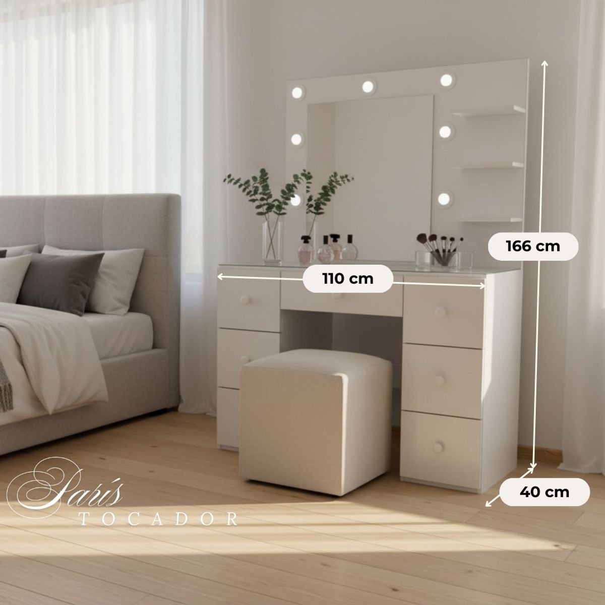 GENERICO - Tocador Hollywood Grande París con Espejo, Luces y Puff – 7 Gavetas – Melamina Premium