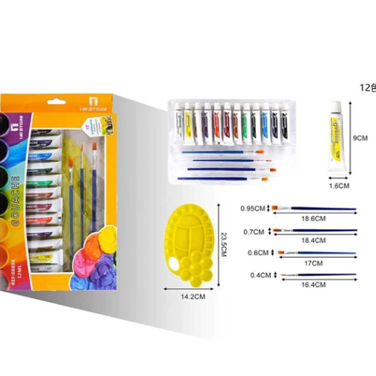 GENERICO - Set De 12 Pinturas Gouache 12ml Con Mezclador Y 4 Pinceles