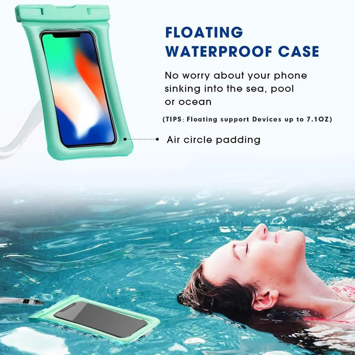 GENERICO - FUNDA FLOTANTE IMPERMEABLE IPX8 TELEFONO 6.5 PULGADAS TURQUESA TRANSPARENTE
