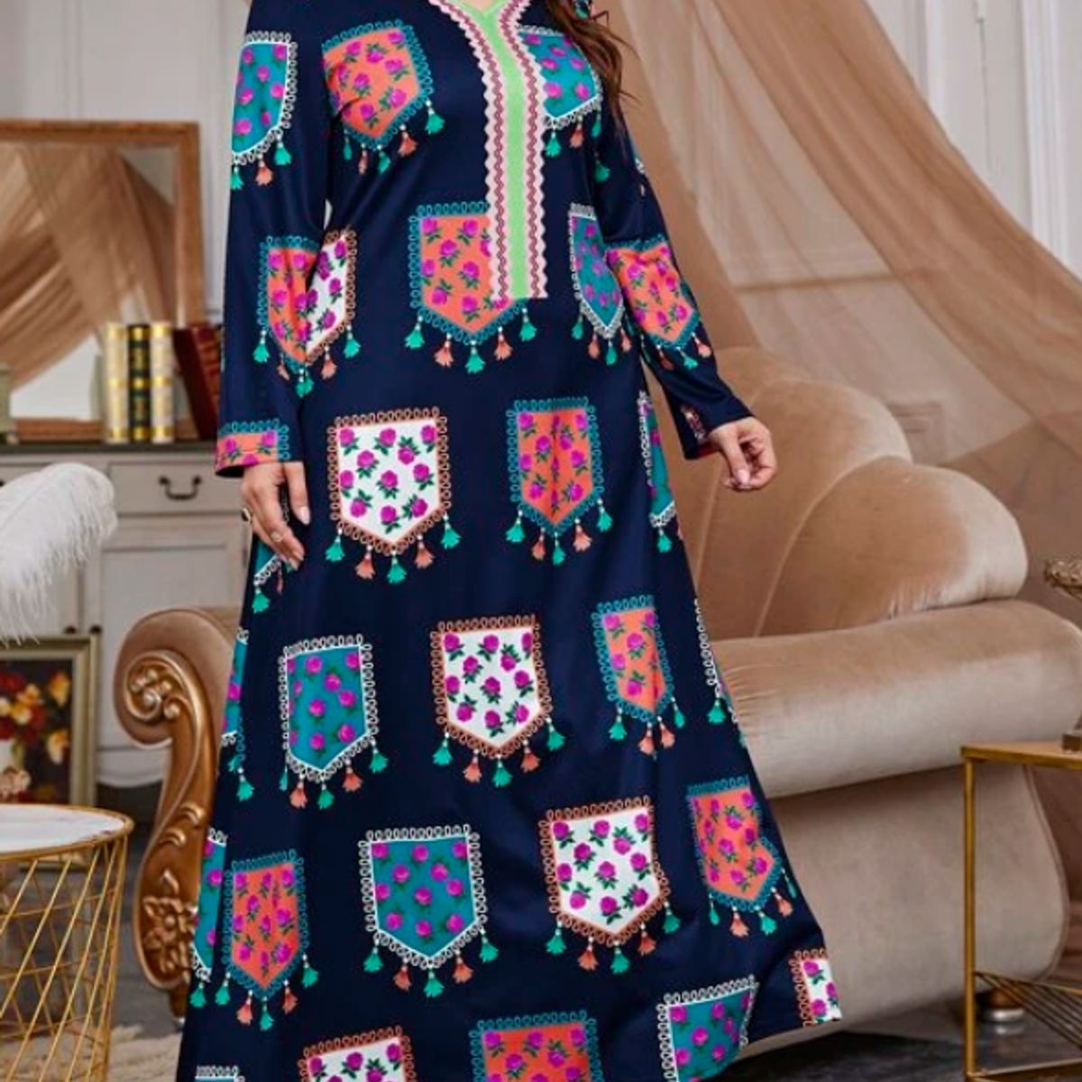 KIRAMA CLOTHING STORE - Kaftán Maxi Estampado Floral Multicolor  Azul Marino