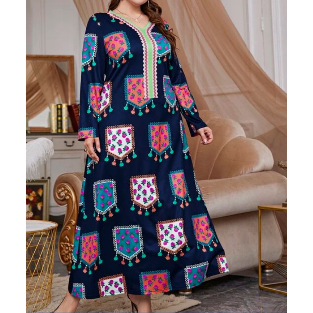 KIRAMA CLOTHING STORE - Kaftán Maxi Estampado Floral Multicolor  Azul Marino