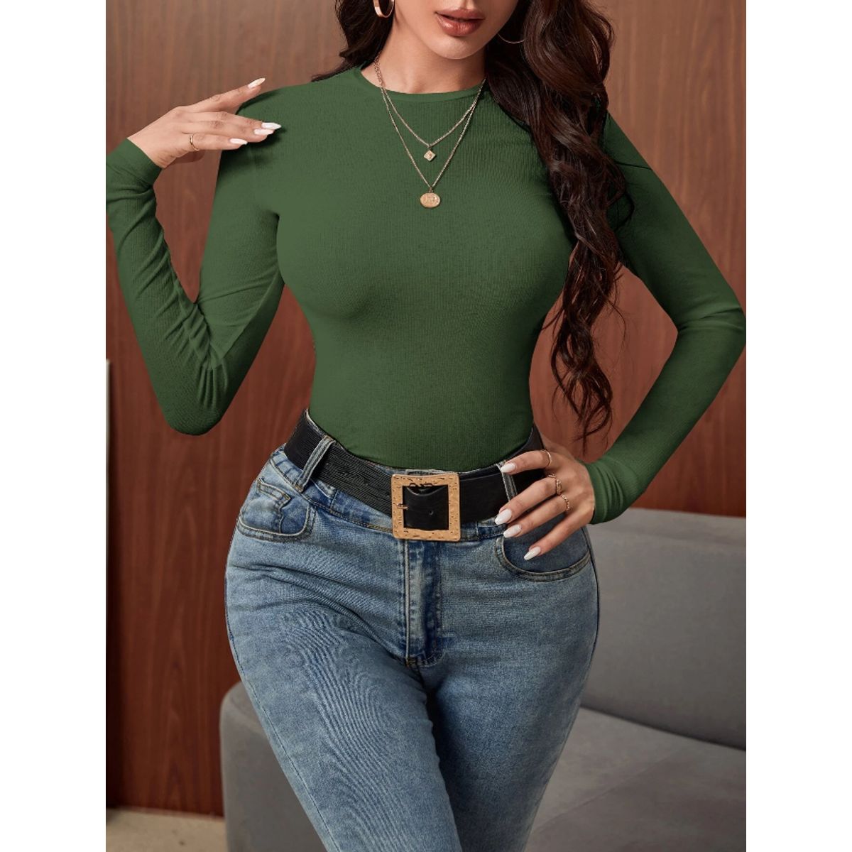 KIRAMA CLOTHING STORE - Polera Mujer Manga Larga Ajustada Canalé  Verde Oscuro