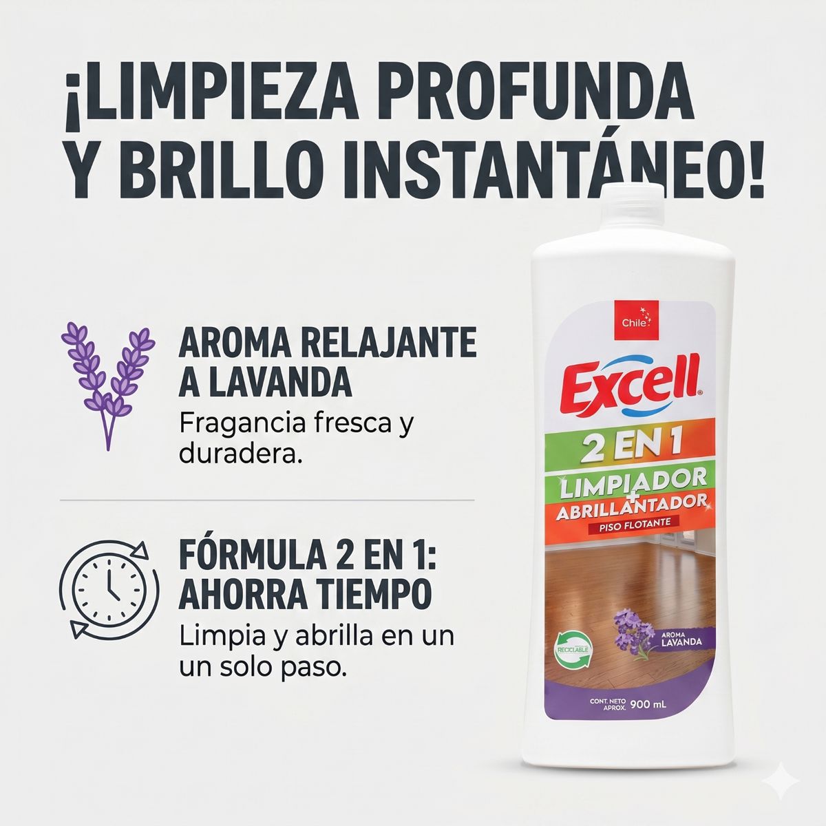 EXCELL - Limpiador y Abrillantador Piso Flotante Lavanda 900cc