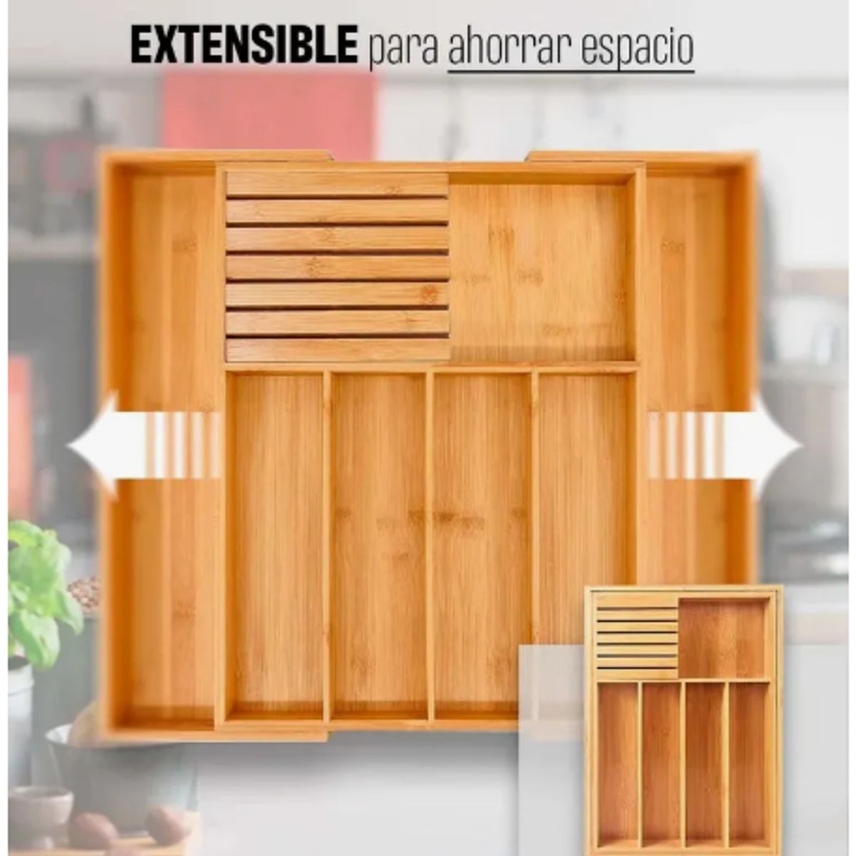 GENERICO - Organizador De Cubiertos Bambú Ajustable 7 Compart Bambú