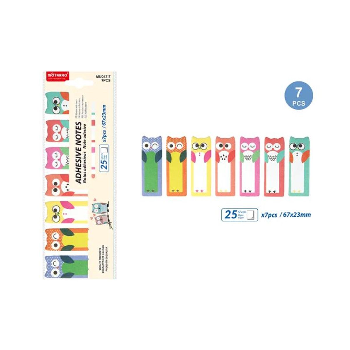 GENERICO - Notas Adhesivas Post-It Buhos 25H x 7pcs  67x23mm Colores Surtidos