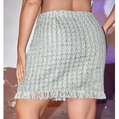 KIRAMA CLOTHING STORE - Falda Elegante Tweed con Flecos y Botonadura Talle Alto