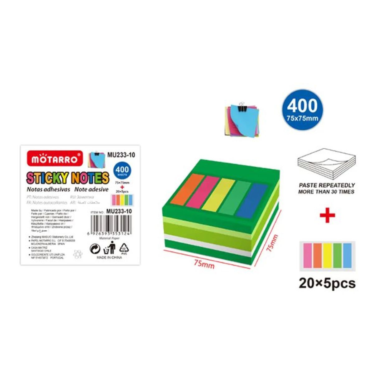 GENERICO - Set De Notas Adhesivas Post-It V2 400H 75x75cm Colores Surtidos