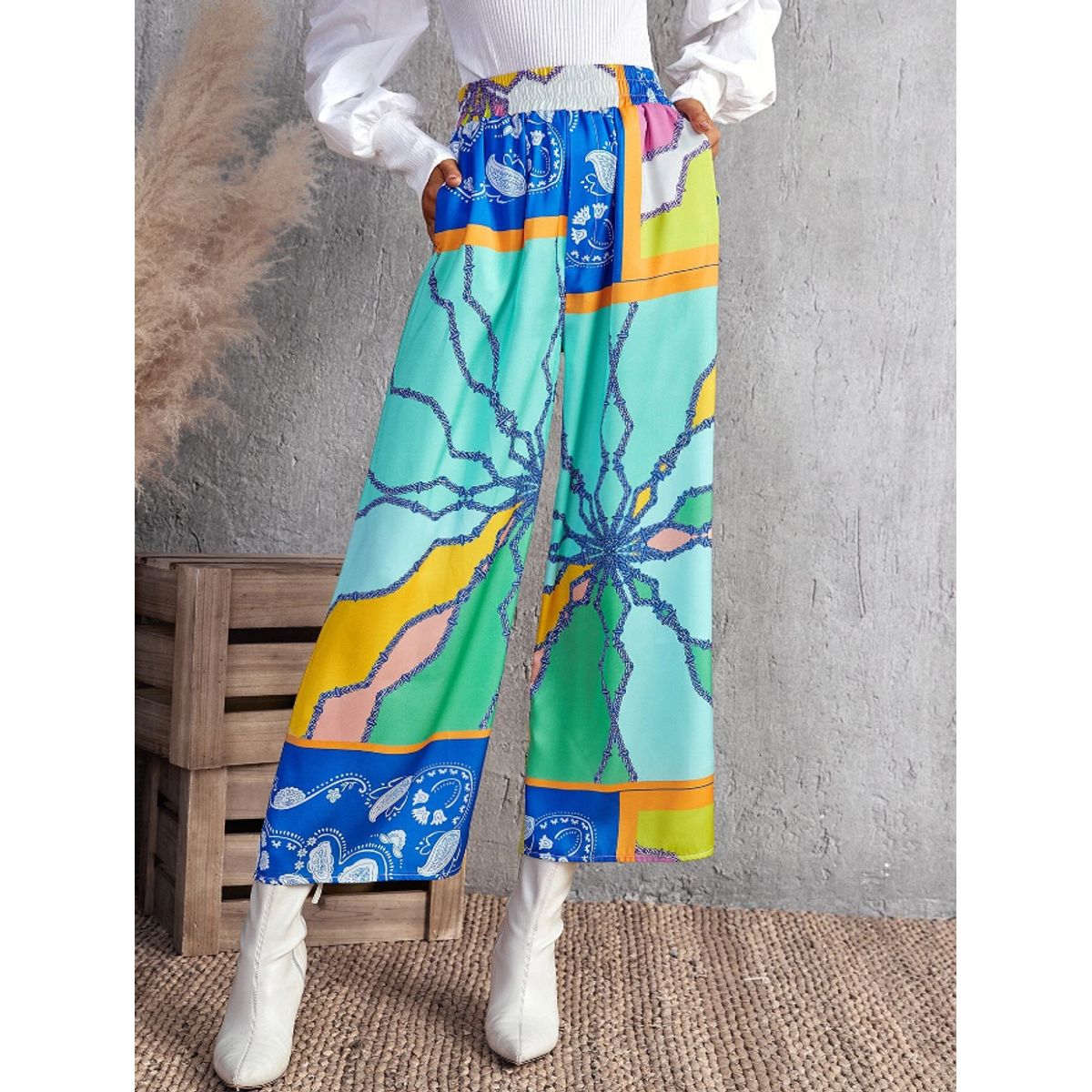 KIRAMA CLOTHING STORE - Pantalón Bohemio Multicolor de Pierna Ancha con Estampado Patchwork