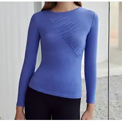 KIRAMA CLOTHING STORE - Polera Azul Manga Larga Ajustada con Detalle Fruncido