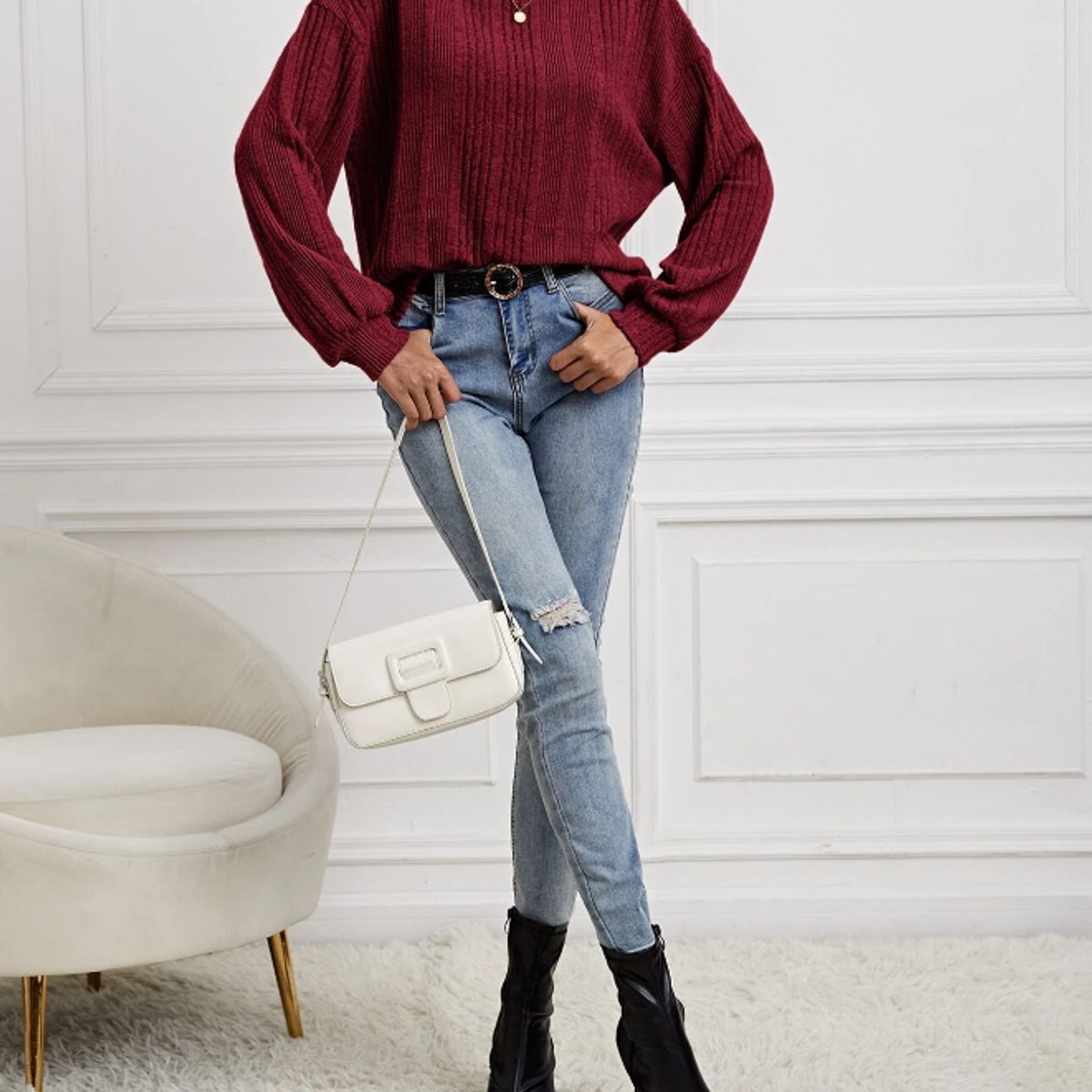 KIRAMA CLOTHING STORE - Sweater Burdeos Canalé Casual de Manga Larga