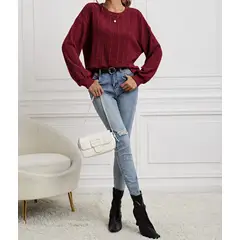 KIRAMA CLOTHING STORE - Sweater Burdeos Canalé Casual de Manga Larga