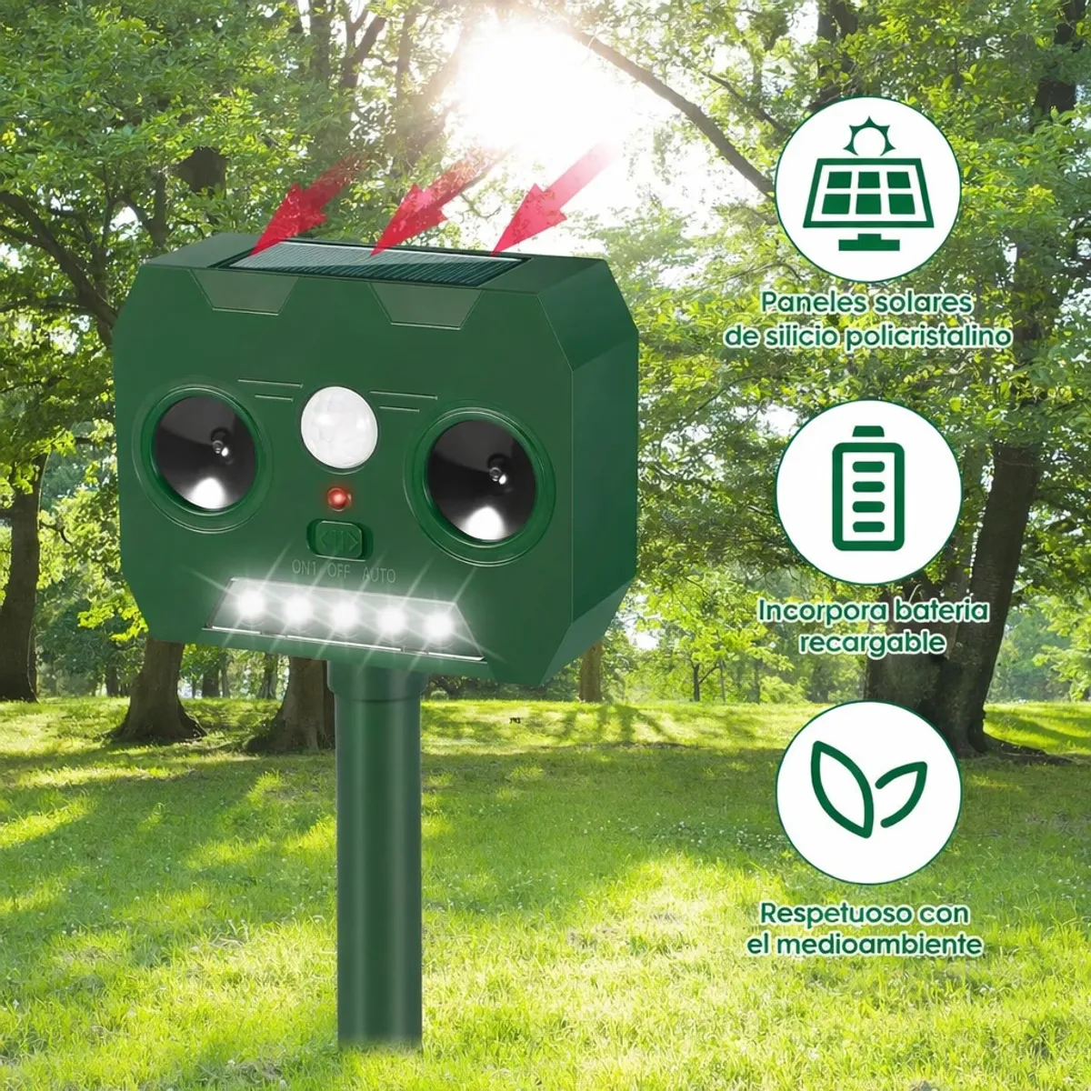 MOVI - Repelente Solar Para Animales Utrasónico con Panel Solar