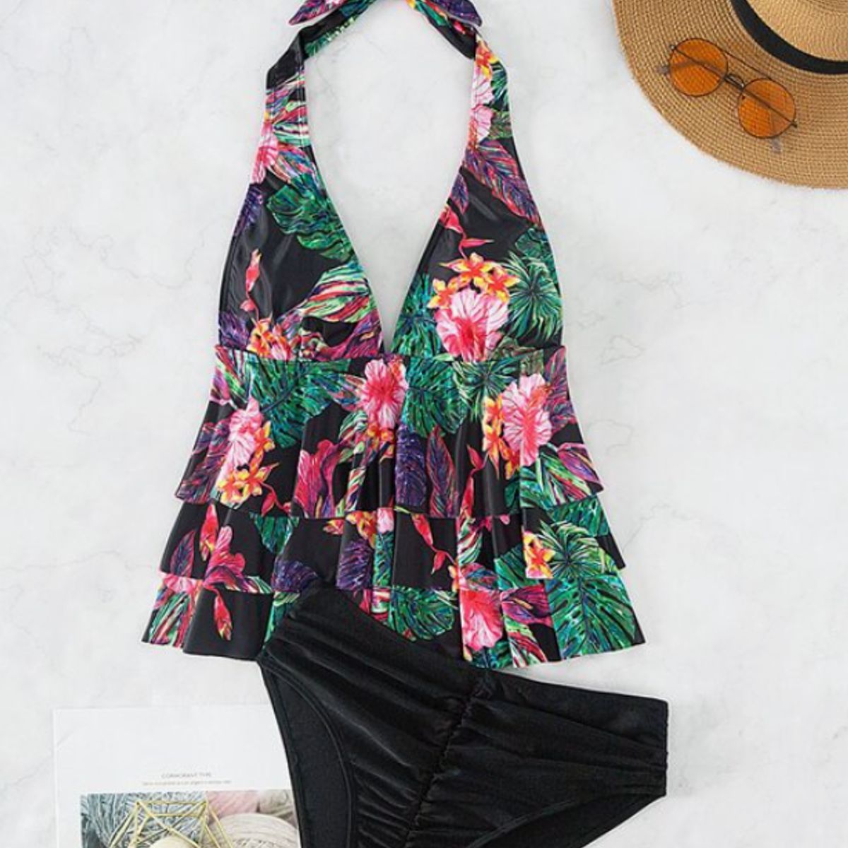 KIRAMA CLOTHING STORE - Tankini Negro Estampado Tropical Halter con Volante