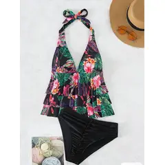 KIRAMA CLOTHING STORE - Tankini Negro Estampado Tropical Halter con Volante
