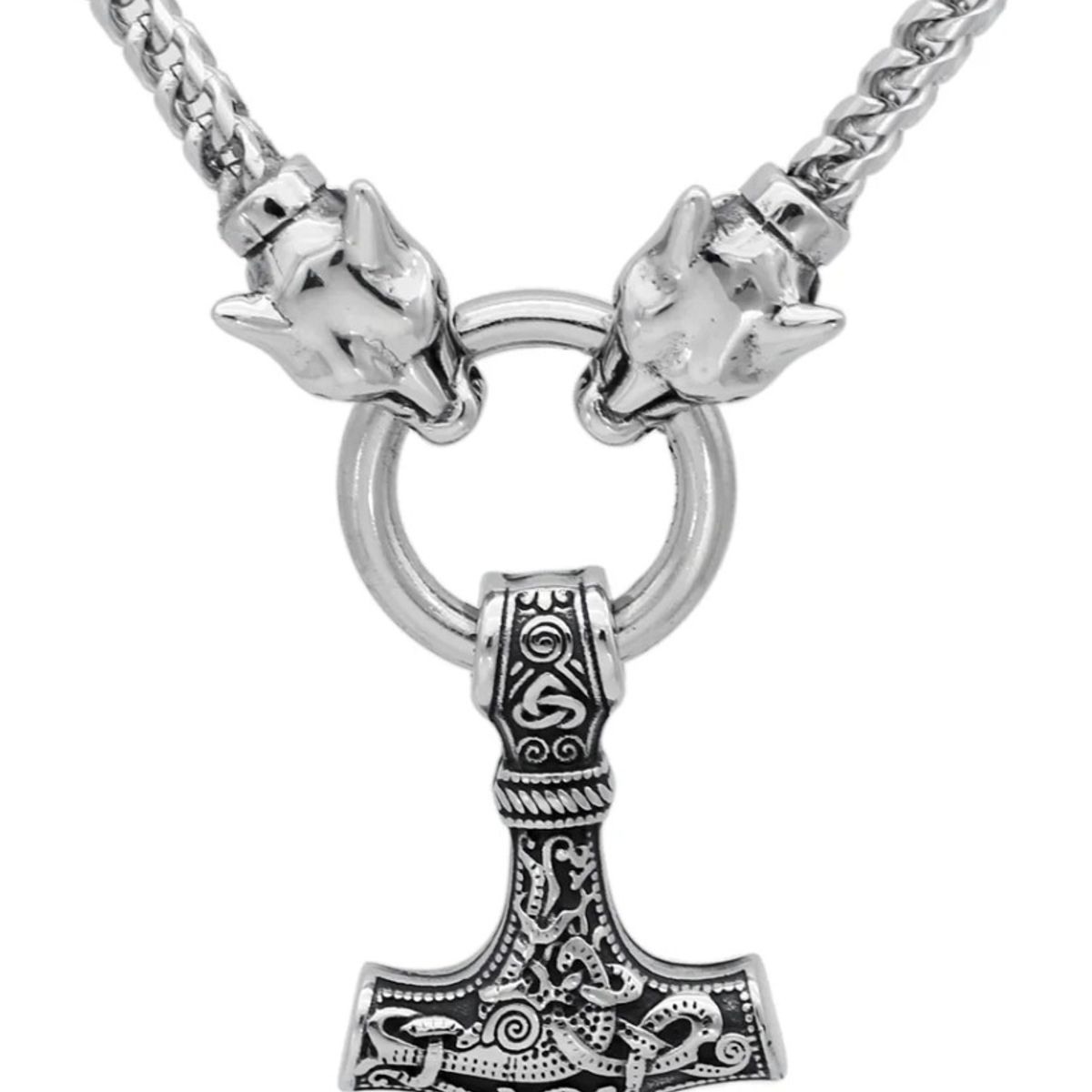 GENERICO - Collar Vikingo Lobo Y Martillo Nordico Mjolnir Acero Hombre
