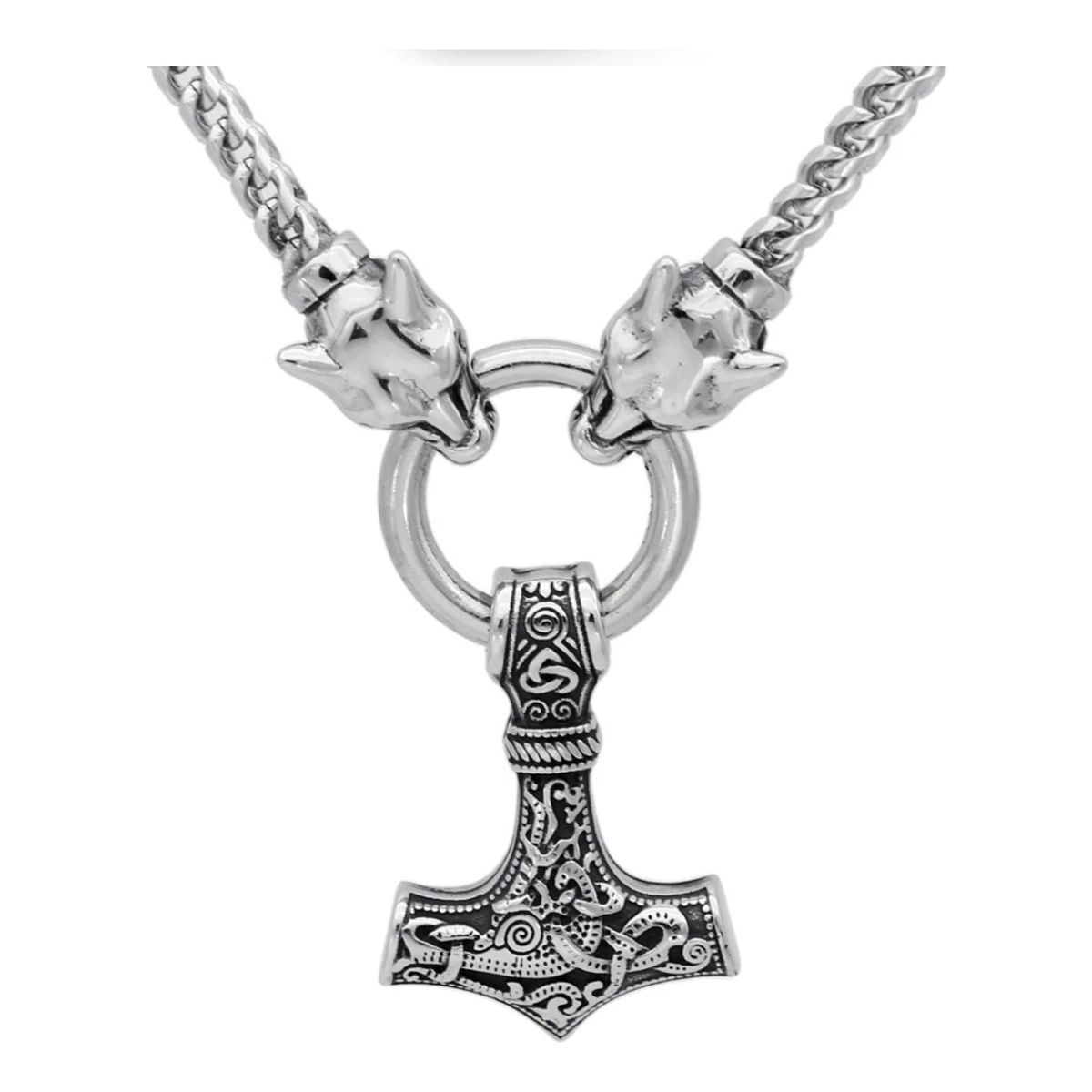 GENERICO - Collar Vikingo Lobo Y Martillo Nordico Mjolnir Acero Hombre