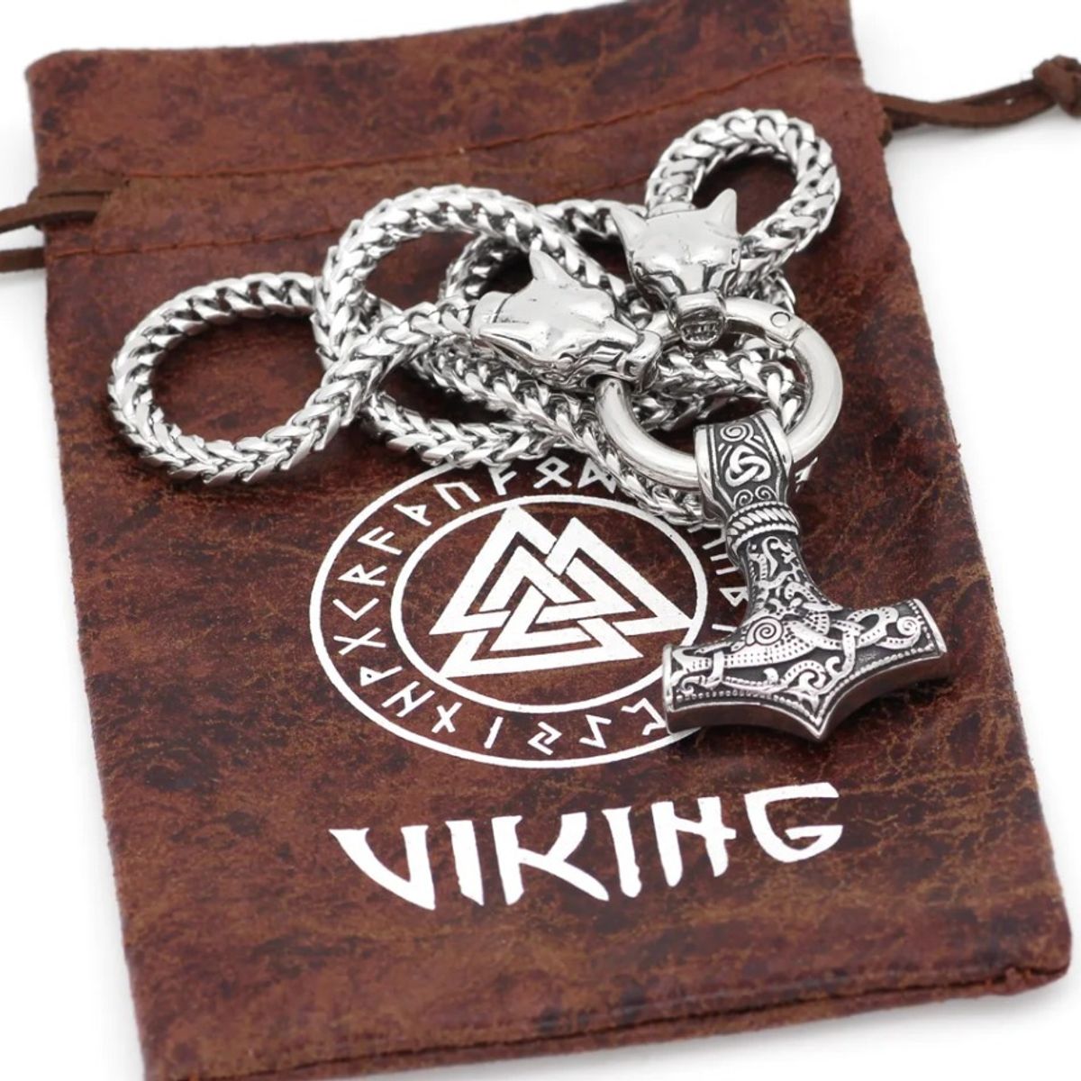 GENERICO - Collar Vikingo Lobo Y Martillo Nordico Mjolnir Acero Hombre