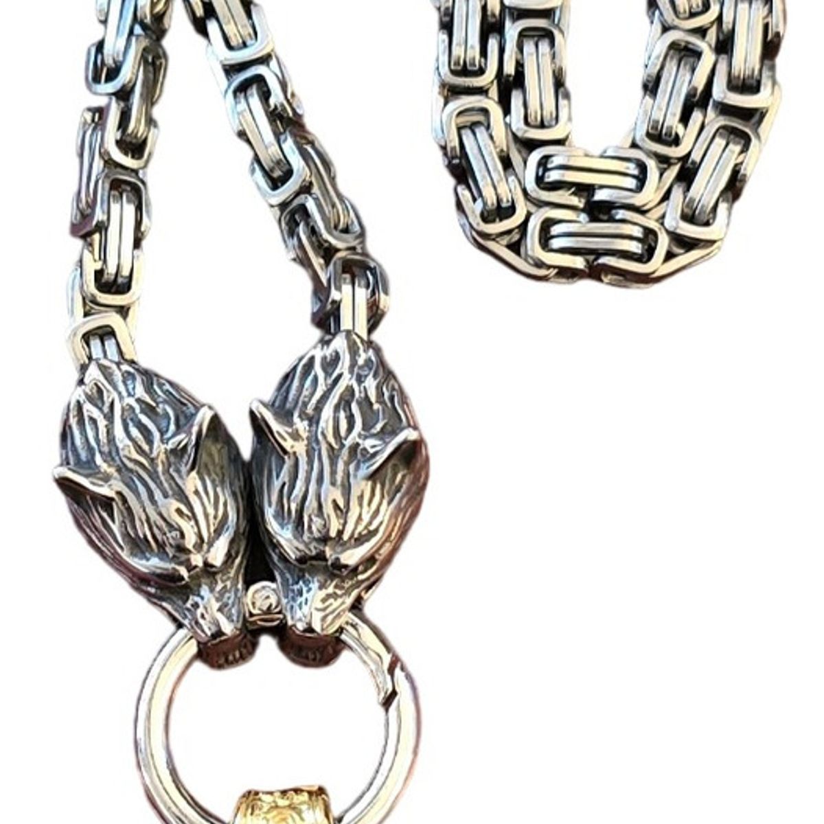 GENERICO - Collar Vikingo Lobo Y Martillo Nordico Acero Silver Gold M1