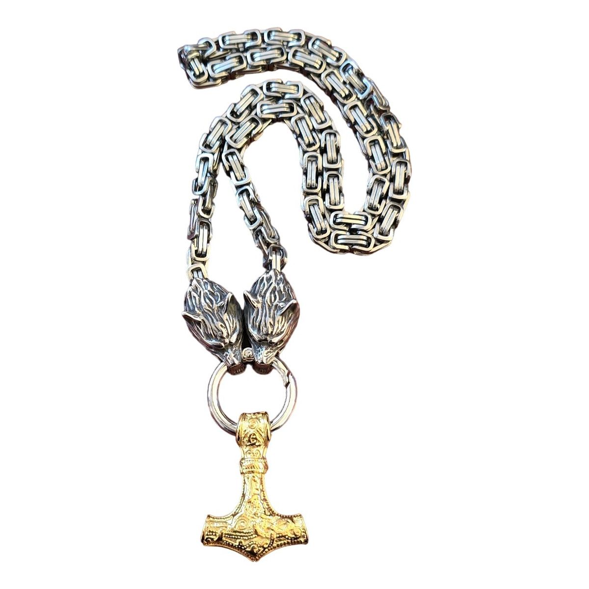 GENERICO - Collar Vikingo Lobo Y Martillo Nordico Acero Silver Gold M1