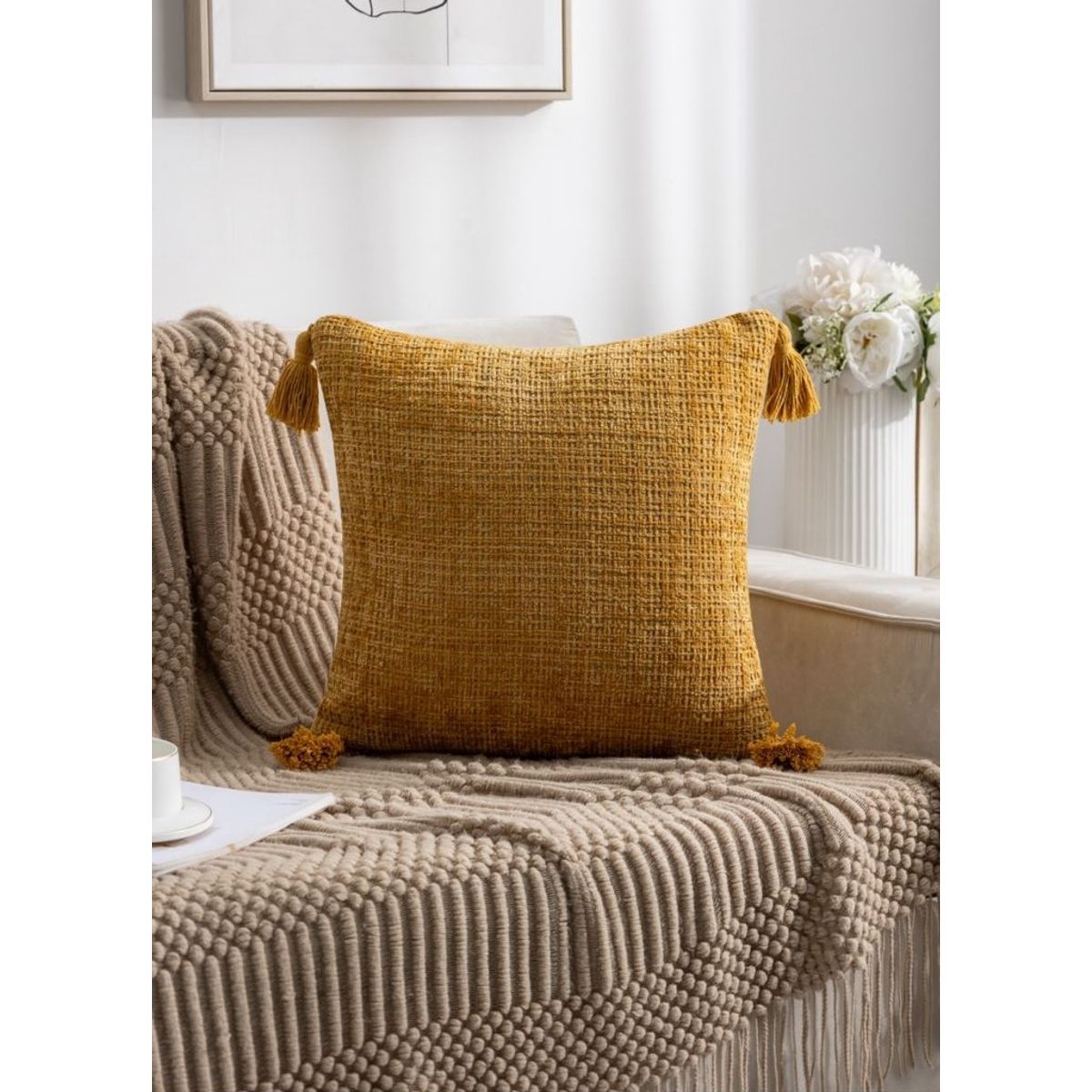 GENERICO - PACK DE 4 FUNDAS PARA COJIN CHELINE CON BORLAS 45x45