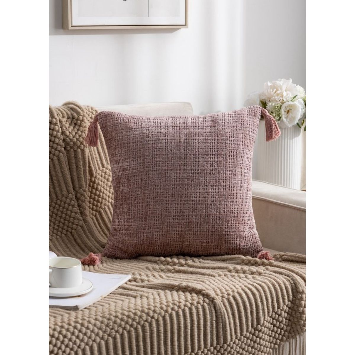 GENERICO - PACK DE 4 FUNDAS PARA COJIN CHELINE CON BORLAS 45x45