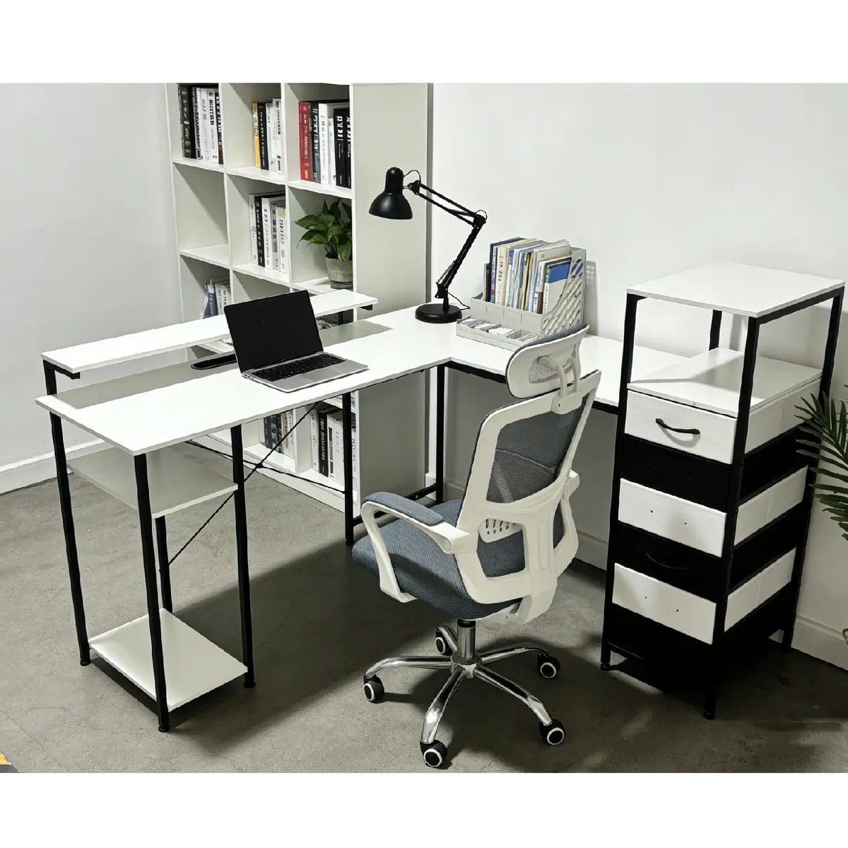 YOMYM - Escritorio Oficina Forma L Con Casilleros En blanco y negro 130×100×75cm