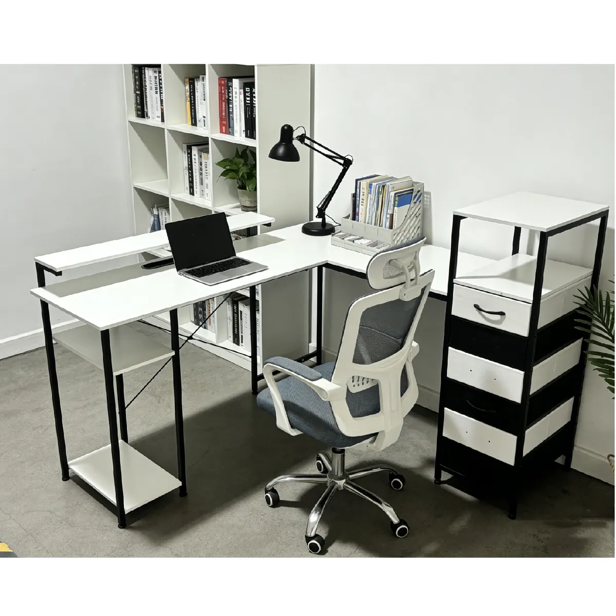 YOMYM - Escritorio Oficina Forma L Con Casilleros En blanco y negro 130×100×75cm
