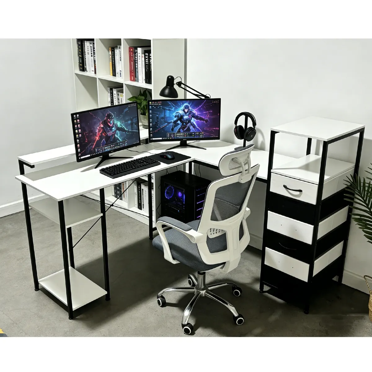 YOMYM - Escritorio Oficina Forma L Con Casilleros En blanco y negro 130×100×75cm