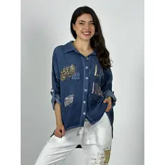 ENIGMATICA BOUTIQUE - Blusa Italiana Cuadros Y Letras Brillantes